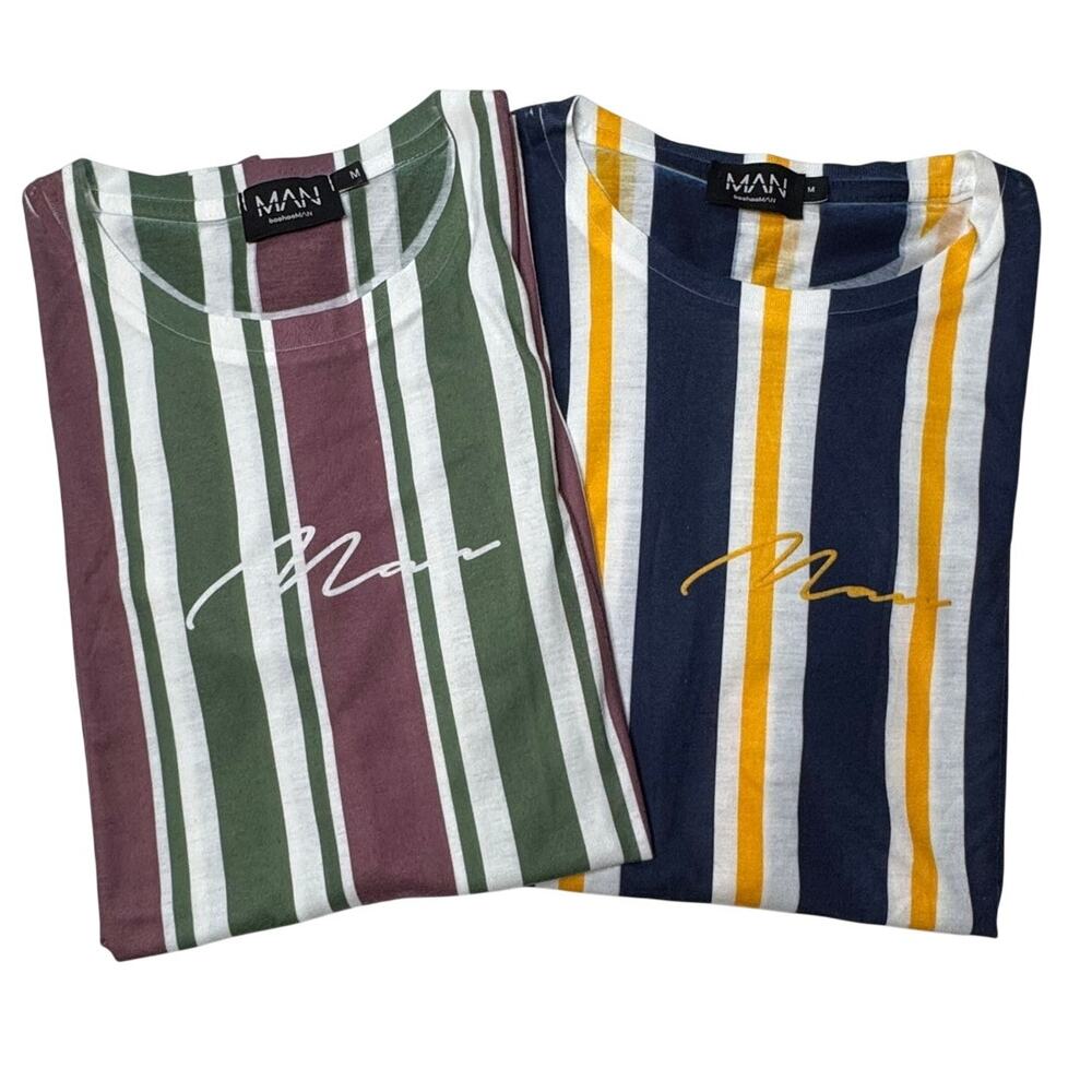 boohooMAN Blockcore Striped Knit Shirt Bundle Medium Pink Green Yellow Navy